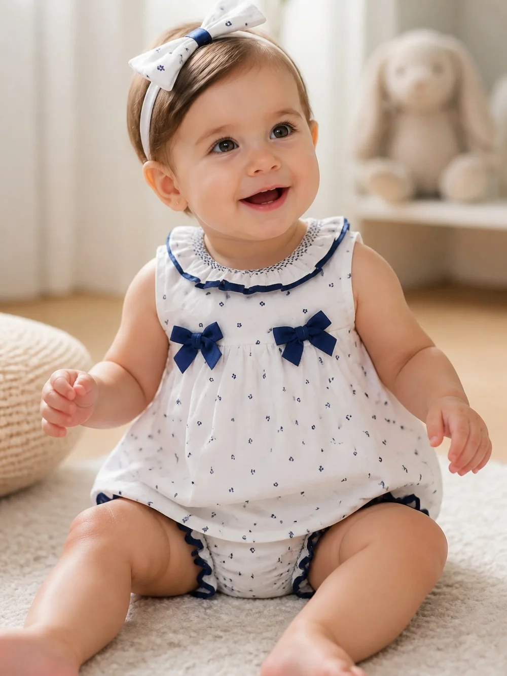 Mayoral White and Navy Floral Trim newborn girl set with Bows 2-4m